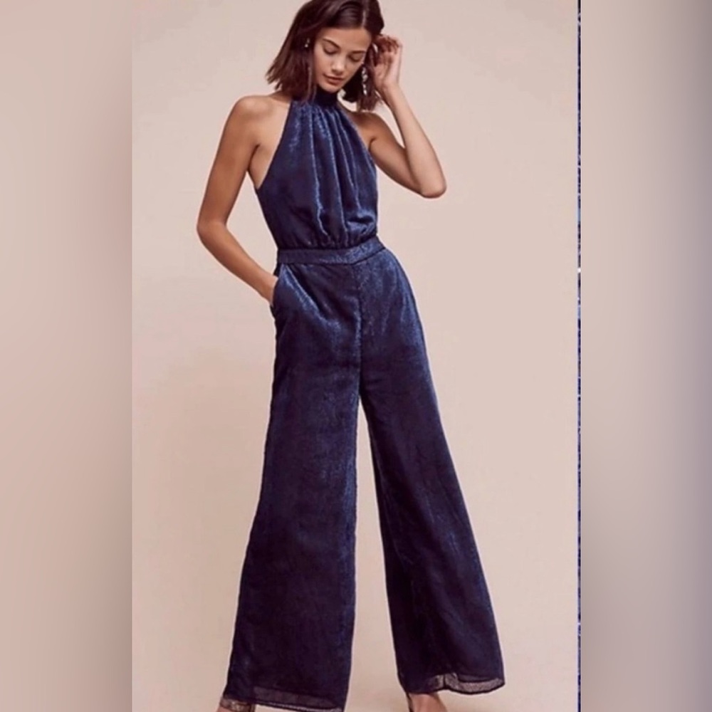 Anthropologie Elevenses Navy Blue Velvet Halter Neck Nova Jumpsuit